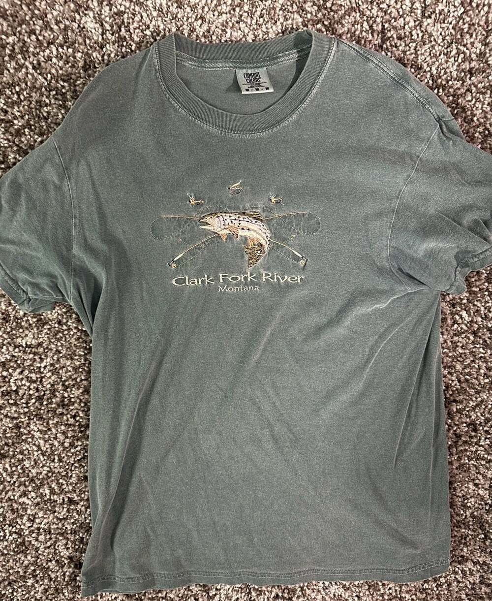 Comfort Colors Clark Fork River Montana Embroidered Fly Fishing Trout T-Shirt